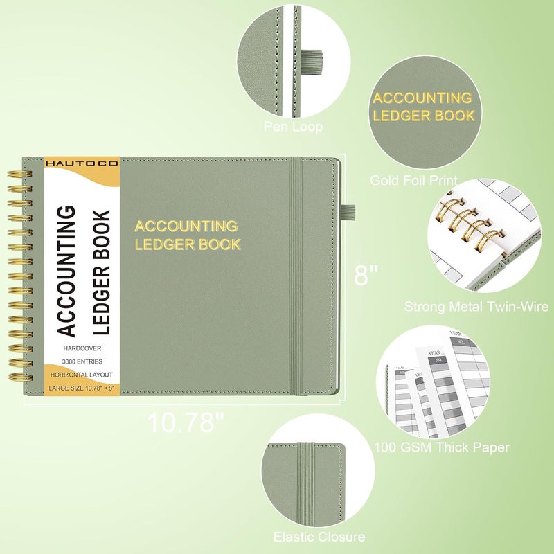 Hautoco Hardcover Accounting Ledger Book for Small Business Bookkeeping Horizontal Money Expense Tracker Notebook with 2 Storage Pouch, Personal Columnar Log Journal 10.78 x 8'', Olive Green - Image 3